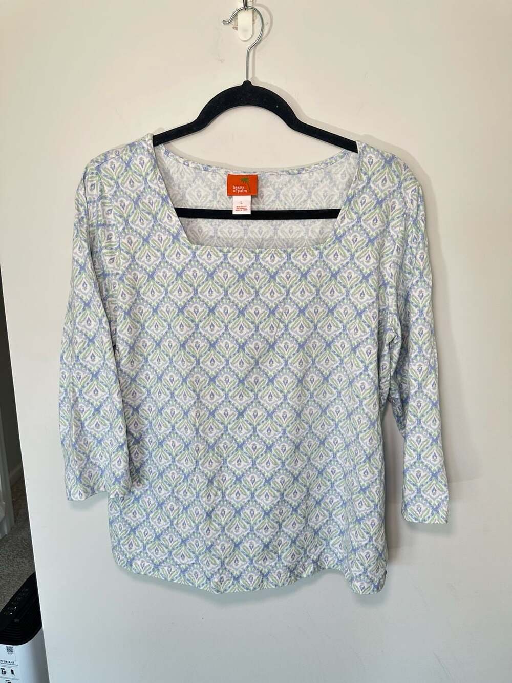 Hearts of Palm Blue Green Patterned Square Neck 3/4 Sleeve Top Size L